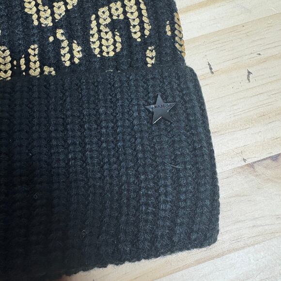 Jocelyn Womens Metallic Leopard Print Pompom Beanie Hat Black Faux Fur - Picture 4 of 7